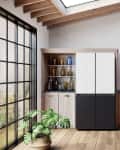 Black and white BESPOKE refrigerator in bright, modern kitchen