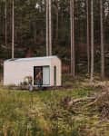 Small white cabin in a forest clearing with a person standing at the door, surrounded by tall trees and greenery.