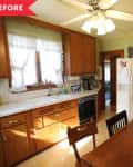Before: Small kitchen with yellow walls and brown cabinets, doors, and table