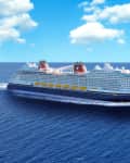 A large cruise ship sailing through deep blue ocean waters under a clear sky with fluffy clouds.