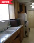 Before: Dated kitchen with yellow butterfly wallpaper, wooden cabinets, and white tile counters