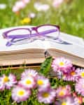 Open book with purple glasses on grass, surrounded by pink daisies.
