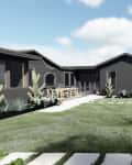 Modern backyard with dark exterior buildings, pool, patio dining set, and lush landscaping.