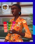 Two Sims characters discussing home design, one holding color swatches, with thought bubbles of paint and a house.