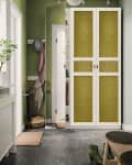Entryway with green walls, patterned wardrobe doors, a mirror, coat hooks, and a small plant on a windowsill.