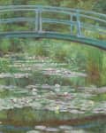 Green arched bridge over a pond with water lilies and lush greenery.