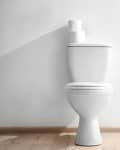 White toilet with two rolls of toilet paper on top, set against a light wooden floor.