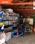 Cluttered garage with plastic storage bins, bicycles, a green sofa, and various tools and equipment scattered around.