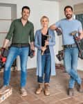 Lisa Kudrow and the Property Brothers holding tools