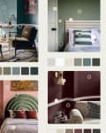 A collage of various interior design styles featuring colorful walls, furniture, and decor elements, including a green velvet bed and a pink tufted sofa.