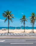 Palm trees line a beach with colorful umbrellas and a volleyball net under a clear blue sky.