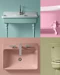 Various bathroom fixtures arranged in a grid: a mint green sink, a pink clawfoot tub, a lavender toilet, a pink sink with modern faucets, a beige toilet, and a yellow pedestal sink.