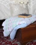 Wooden chest with a quilt, book, glasses, plant, white mug, and spoon on a red patterned rug near a bed.