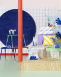 Colorful studio photo of items from the IKEA 80th anniversary Nytillverkad collection
