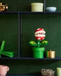 man eating plant lego on shelf with green back wall