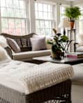 Martha Stewart's Thanksgiving at her farmhouse: chaise lounge and other seating in living room