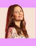 Drew Barrymore headshot in template, pink.