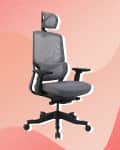 Ergonomic office chair with mesh back, adjustable armrests, and headrest on a pink abstract background.