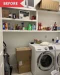 Laundry room with Samsung washer and dryer, shelves with cleaning supplies, boxes, and a vacuum cleaner.