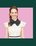 Photo of Hilary Swank on a graphic colored background