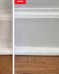 Side by side of baseboards before and after being cleaned with a broom