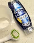 Dawn Platinum Plus PowerSuds Dish Soap, a plastic container, and a sink scrub brush