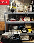 Items on basement shelves before decluttering.