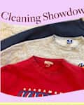Three sweatshirts in red, gray, and navy stacked on a light background, with a playful title above.