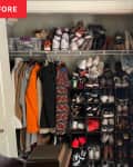 Before: a white closet with shoes stacked on the top and side shelves