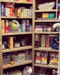 After: three panels of a pantry with lots of shelves holding food, water, and bowls