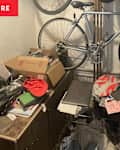cluttered garage or multi-use space before decluttering