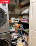 Before: piles of cleaning supplies, towels, and sheets on white wire shelves in a laundry closet