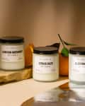 Three P.F. Candle Co. soy candles labeled Canyon Hideaway, Citrus Daze, and Electric Surf on a stone surface with an orange.