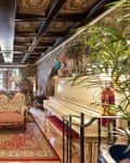 Ornate living room with vintage sofa, red rug, white piano, and decorative ceiling, flanked by lush green plants.