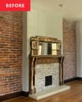 DC rowhouse living room before home staging: White walls, a couple exposed brick walls, unique brick and distressed wood fireplace, dark wood framed windows