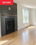 Black fireplace mantel in empty living room with lots of natural light.