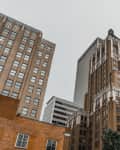Downtown cityscape with historic and modern skyscrapers, featuring ornate architectural details and a large tree in the foreground.