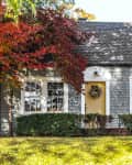 Gray shingle cottage with yellow door, autumn foliage, and manicured shrubs.