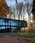 Modern black house with large glass windows surrounded by autumn trees and fallen leaves at sunset.