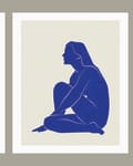 Two blue silhouette figures sitting in different poses on a beige background.
