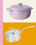 Wok, dutch oven, and saucepan on graphic colored background