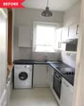 London townhouse white basic galley kitchen before shot