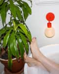 Feet soaking in a bubble bath next to a potted plant and a red wall light.