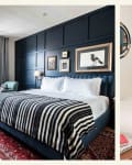 2 photos side by side. Left side: the inspiration, right side: the home inspired by it. Left: bedroom in the Ramble Hotel. Bed with quilted deep blue velvet headboard, navy blue wall behind with framed, art prints. Right side: guest room with blue accent wall with framed art prints behind bed, quilted velvet blue headboard