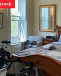 Wooden bed frame in bedroom before renovation.