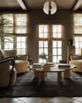 Moody living room with cream matching modern arm chairs and dark checkered rug, natural light and large plant