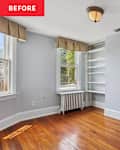 Empty room with gray walls, hardwood floor, two windows with checkered valances, and a built-in shelf.