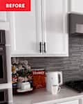 Grey backsplash in kitchen before remodel.