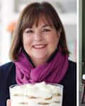 Left: Portrait of Ina Garten; Right: green sitting area with rattan backed chair and vase of white tulips
