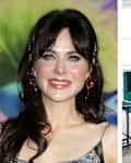 Diptych of Zooey Deschanel and a green sofa.